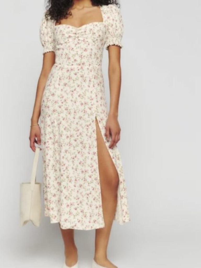 Reformation Lacey Cream Midi Dress With Pink Floral Print
